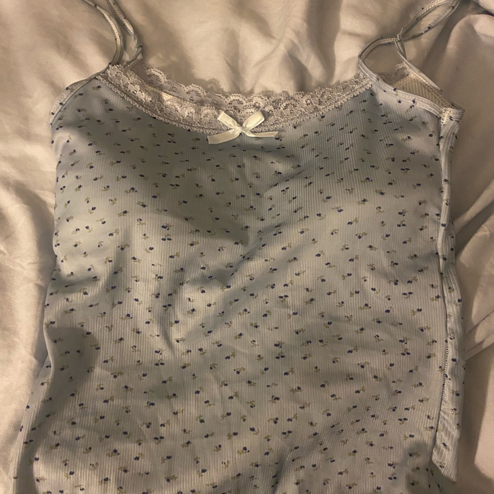 Women's Blue Floral Lace Trim Cami Top